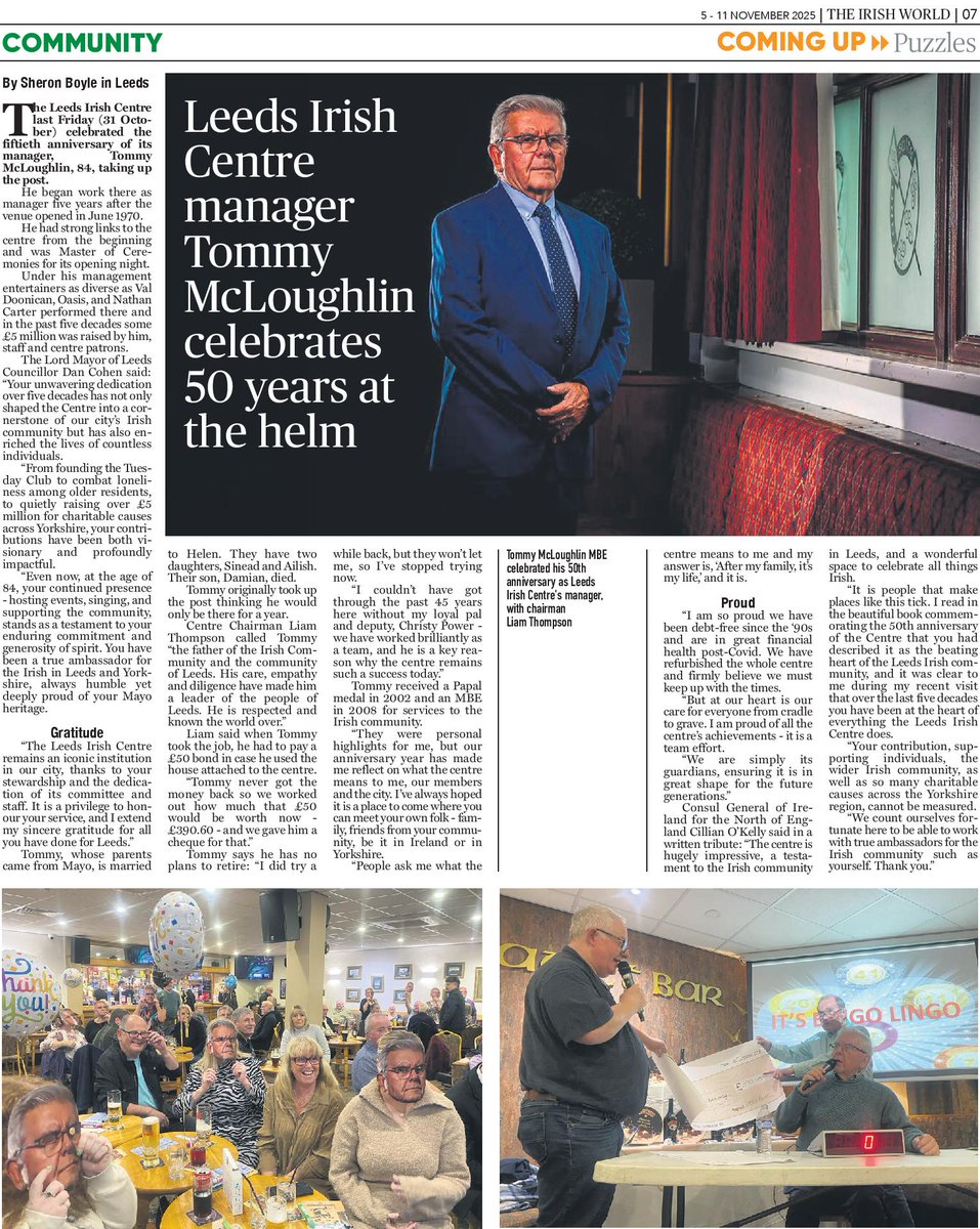 SheronBoyle1's tweet photo. Thank you @theirishworld on behalf of @LdsIrishCentre's legendary manager Tommy McLoughlin MBE for telling of his 50 yrs at the helm of the UK's first purpose-built #Irish centre. Thx to @LeedsLordMayor @IrlCGManchester for your tributes. #diaspora #community #Yorkshire #Leeds https://t.co/P4rK8zcXni