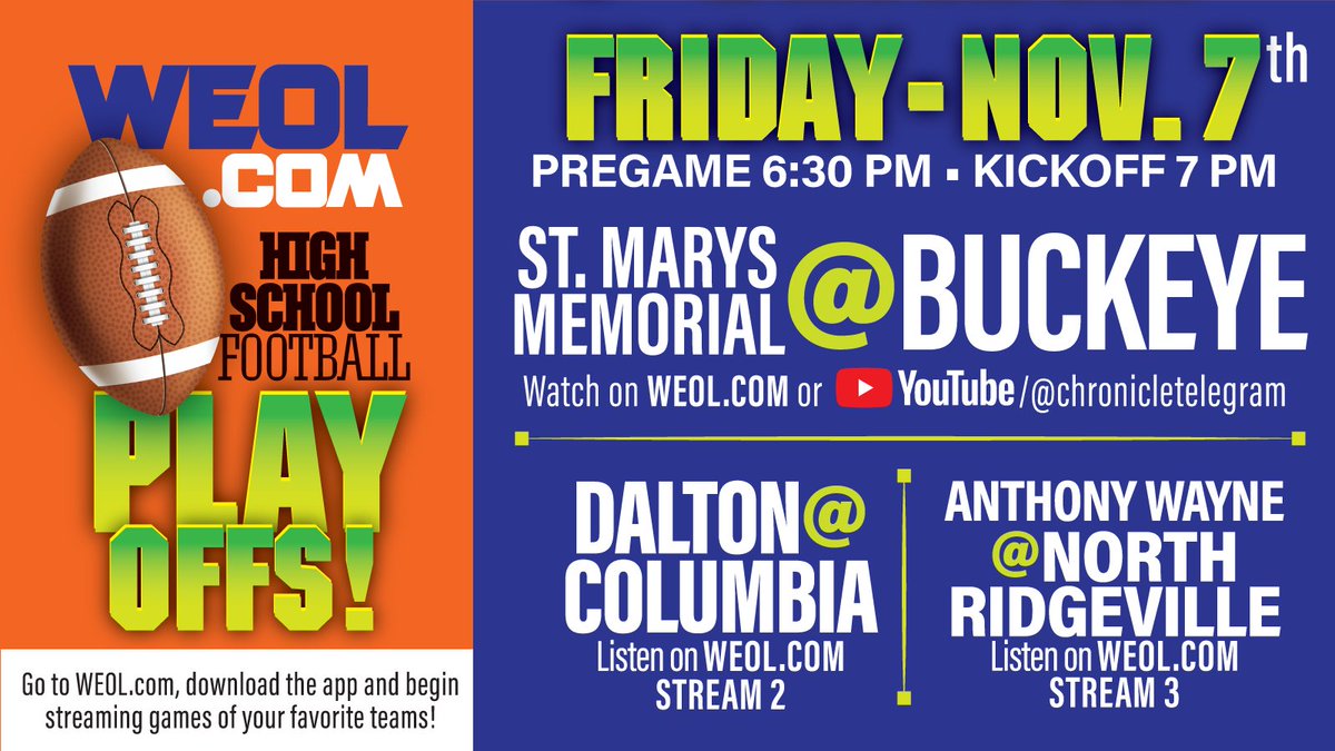WEOL_Media's tweet image. PLAYOFFS are back tomorrow on WEOL.com and the @YourChronicle YouTube channel!🏈

Our matchups👇

1⃣Memorial at Buckeye
📺youtube.com/watch?v=T2vYnV…

2⃣Dalton at Columbia
🎧player.amperwave.net/2453

3⃣Anthony Wayne at North Ridgeville
🎧player.amperwave.net/2454