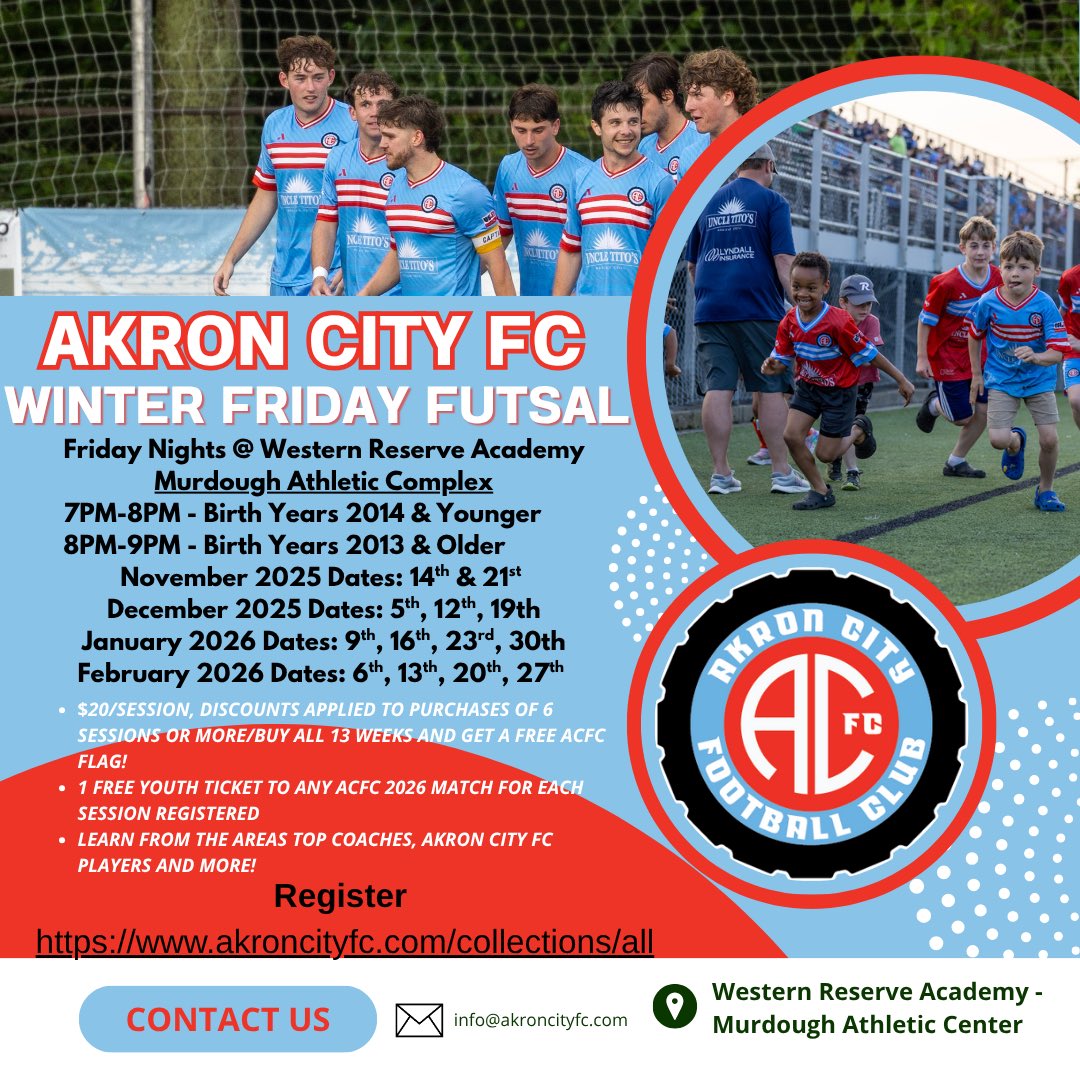 WINTER FRIDAY FUTSAL STARTS FRIDAY! 

Sharpen your skills this offseason with Akron City FC players and top area coaches!

💸 $20 per session | Discounts for 6+ | FREE ACFC flag when you book all 13 weeks!

🎟️ Each session = 1 FREE youth ticket to any 2026 ACFC match!

Secure