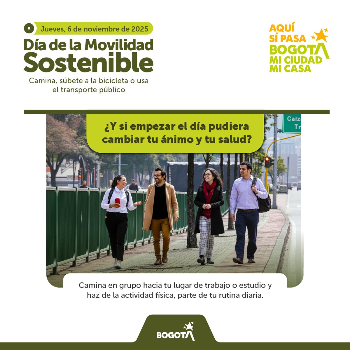 ❗DÍA DE LA MOVILIDAD SOSTENIBLE🚲🛴🚶🏽‍♂️
La Universidad Distrital adopta esta jornada los primeros jueves de cada mes (día hábil), de 5:00 a.m. a 9:00 p.m.; en el marco del Decreto 037 de 2019.
#RedMuéveteMejor  <a href="/SectorMovilidad/">Movilidad Bogotá</a>