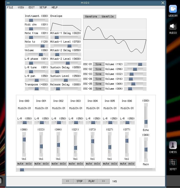 MenuetOS64bit's tweet image. Midi synth/sequencer. You can use upto 256 instruments, which receive at differerent midi channels and note ranges. It has displays for sequencer tracks, synth, mixer, piano roll and notation.