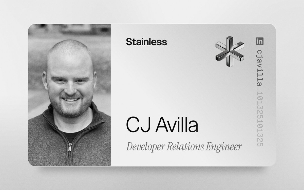 StainlessAPI's tweet image. We&apos;re excited to welcome @cjav_dev to the Stainless team ✱

CJ spent several years at Stripe, where he launched and grew the original Stripe Developers YouTube channel, built the .NET SDK codegen pipeline, and helped make the Stripe API easier for developers to use.