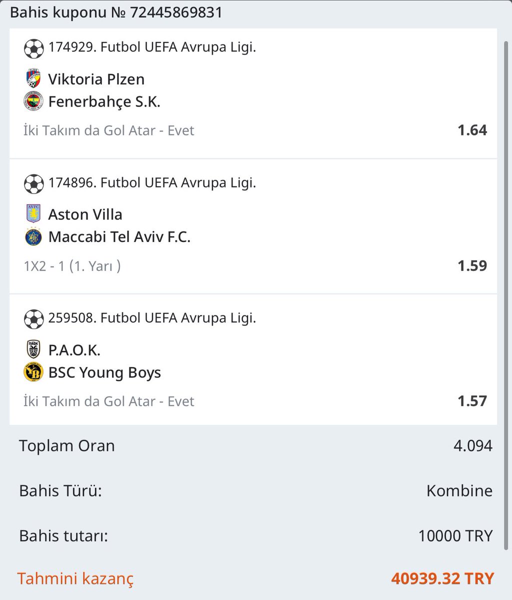 🔥GÜNÜN AVRUPA KUPONU 

⚽️ Viktoria Plzen - Fenerbahçe S.K. | KG Var

⚽️ Aston Villa - Maccabi Tel Aviv F.C | İlk Yarı 1 

⚽️ P.A.O.K. - Young Boys | KG Var

🍀Bol Şans