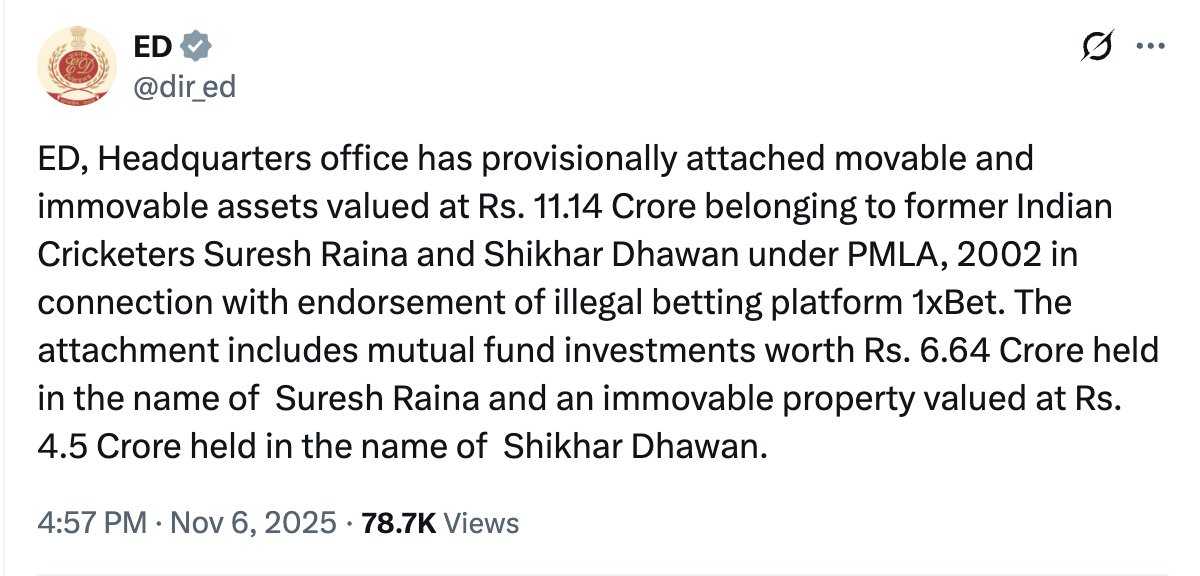 बैटिंग की आड़ में बेटिंग यानी जुए को बढ़ावा दे रहे सेलेब्रिटीज के मामले को मैंने पिछले साल उठाया था। इस डिटेल थ्रेड को आप लोगों ने आगे बढ़ाने में काफी मदद की थी। 
आज ईडी ने बकायदा सुरेश रैना और शिखर धवन की संपत्ति कुर्क कर दी है।
हालांकि खिलाड़ी और भी कई हैं इस खेल में
