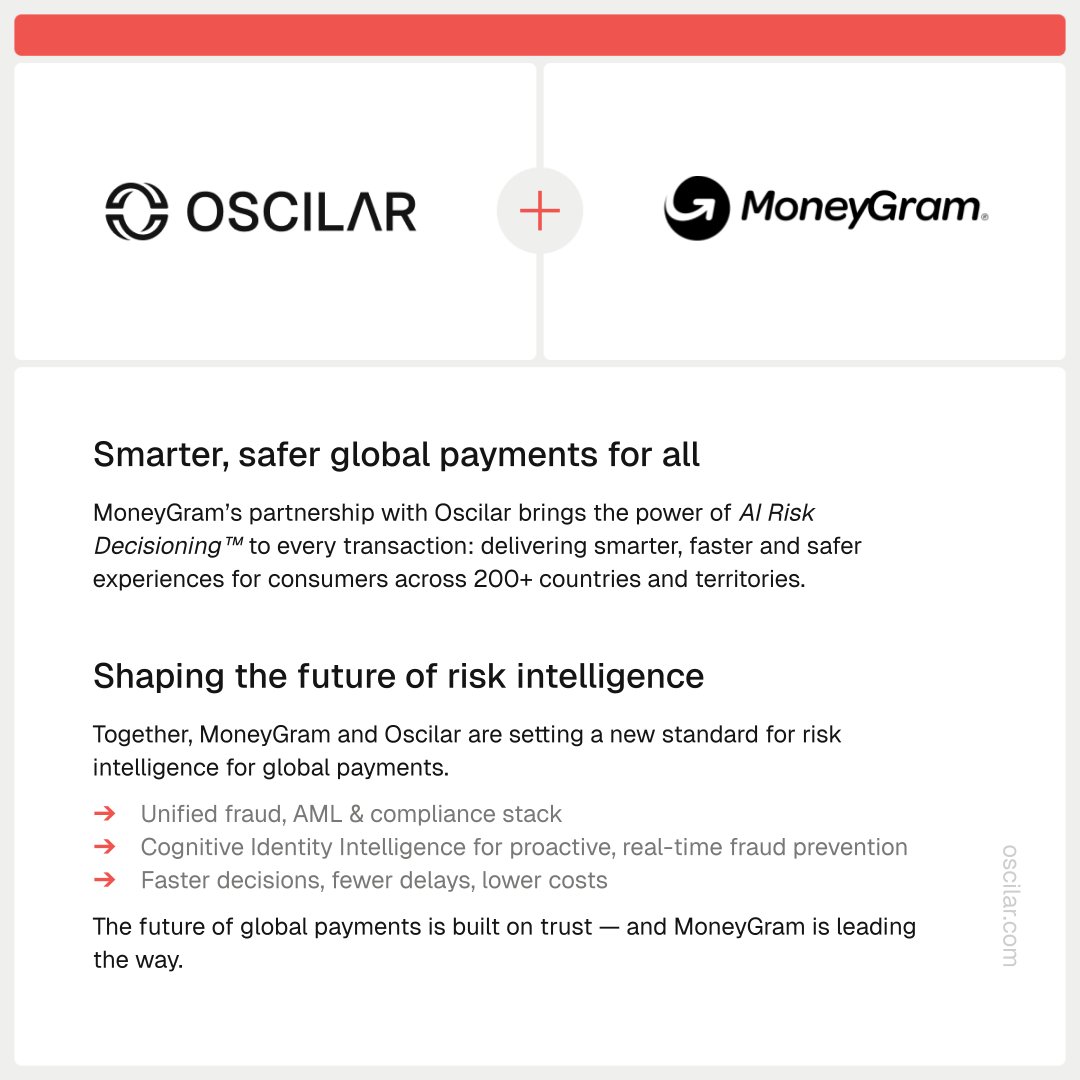 MoneyGram's tweet image. Fraud evolves fast — we move faster.

For decades, we’ve fought fraud and stayed ahead of complex regs across 20,000 global corridors.

Now we’re taking it up a notch with @OscilarInc's AI Risk Decisioning™ Platform, bringing real-time, adaptive risk intelligence to our global…