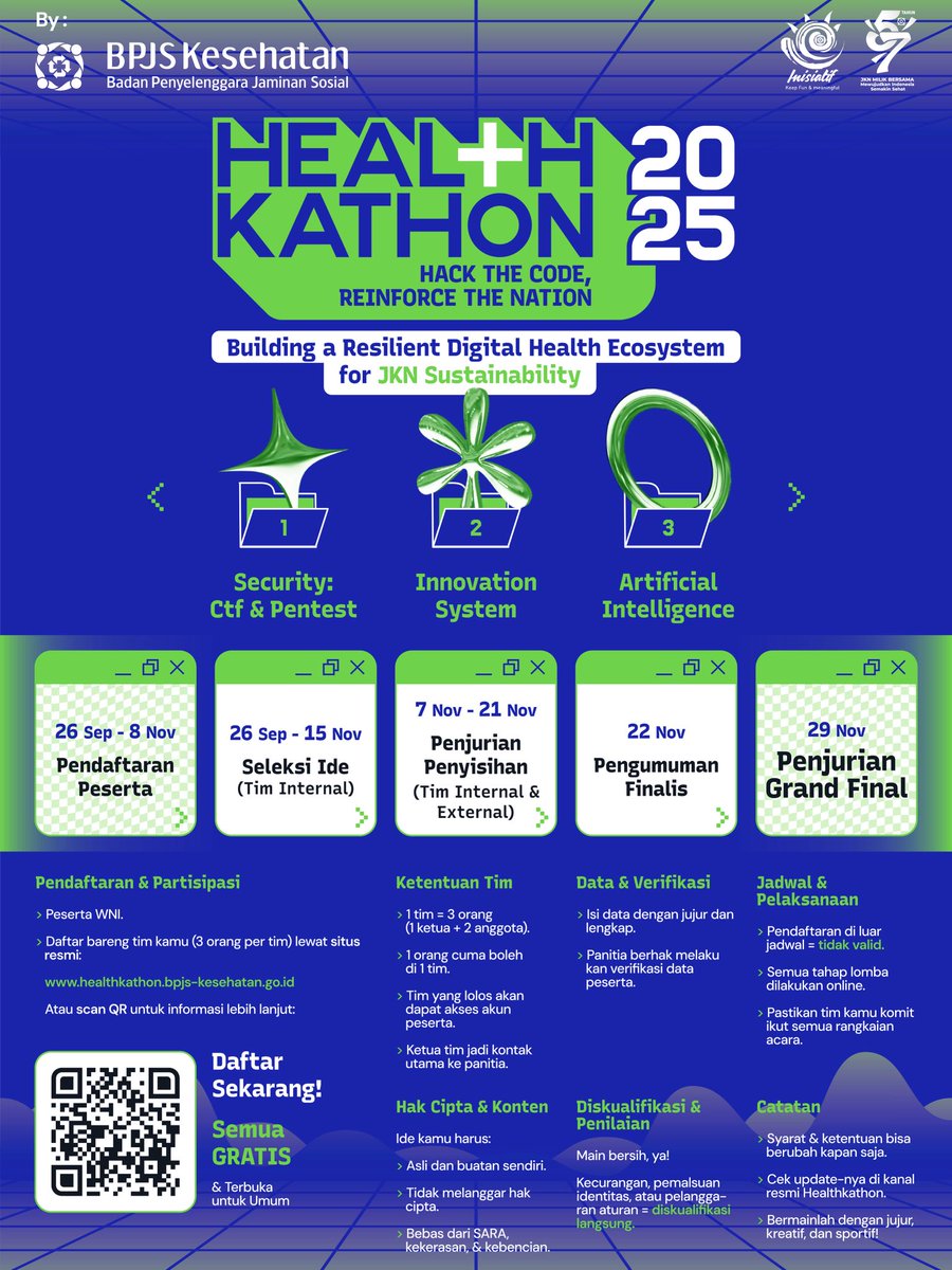 healthkathon_id's tweet image. Healthkathon 2025 memanggil developer, hacker, dan innovator terbaik di Indonesia! Ini adalah kesempatan GRATIS Anda untuk: &quot;Building a Resilient Digital Health Ecosystem for JKN Sustainability.&quot;

#Healthkathon2025 #BPJSKesehatan #HackTheCode #AyoDaftar #TechCompetition