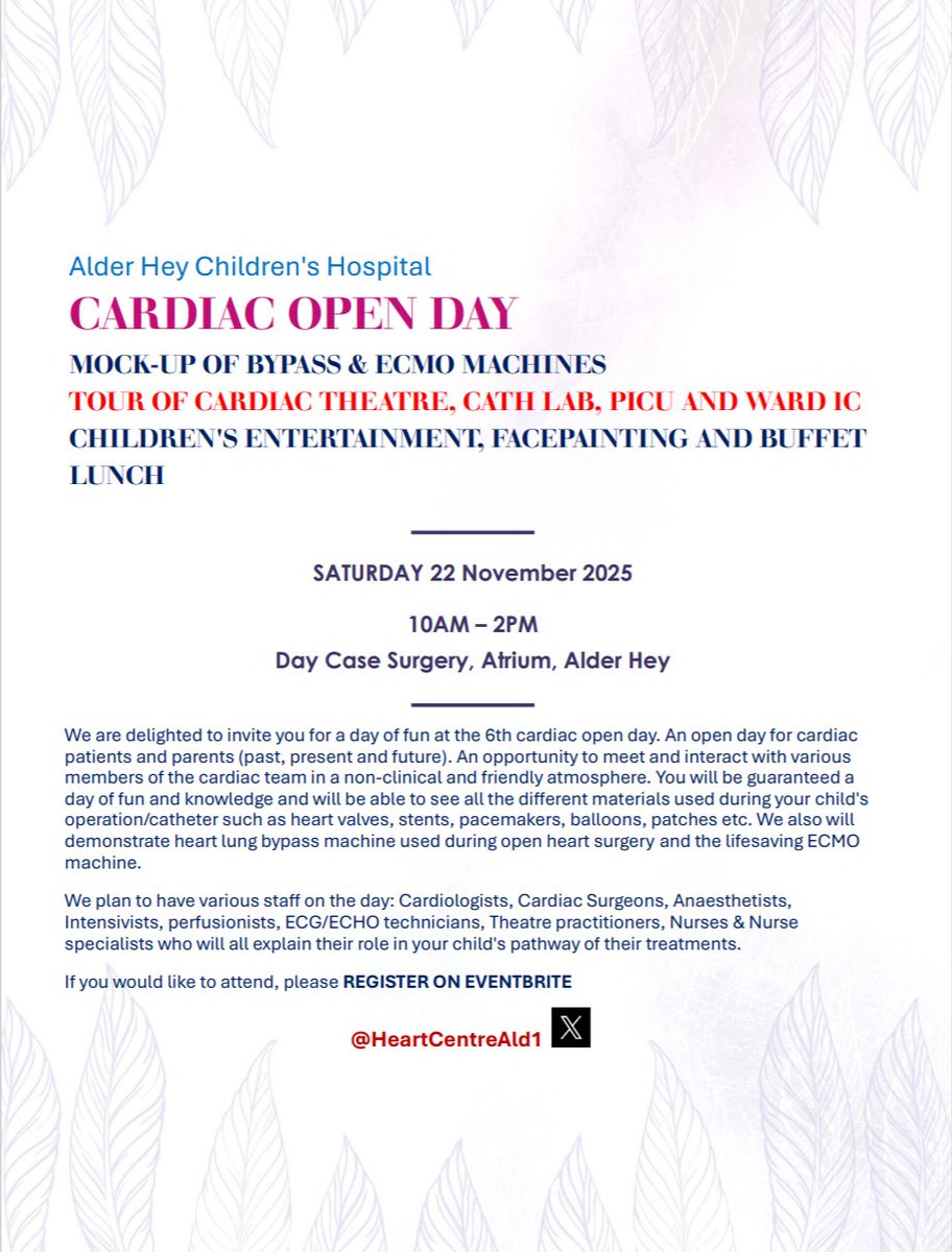 On Saturday 22nd November, we're hosting our annual Cardiac Open Day here at Alder Hey ❤️ This is great opportunity for cardiac patients &amp; parents (past, present &amp; future) to find out more about what the team do &amp; to have some fun! Book your place now at: bit.ly/3LojSNM