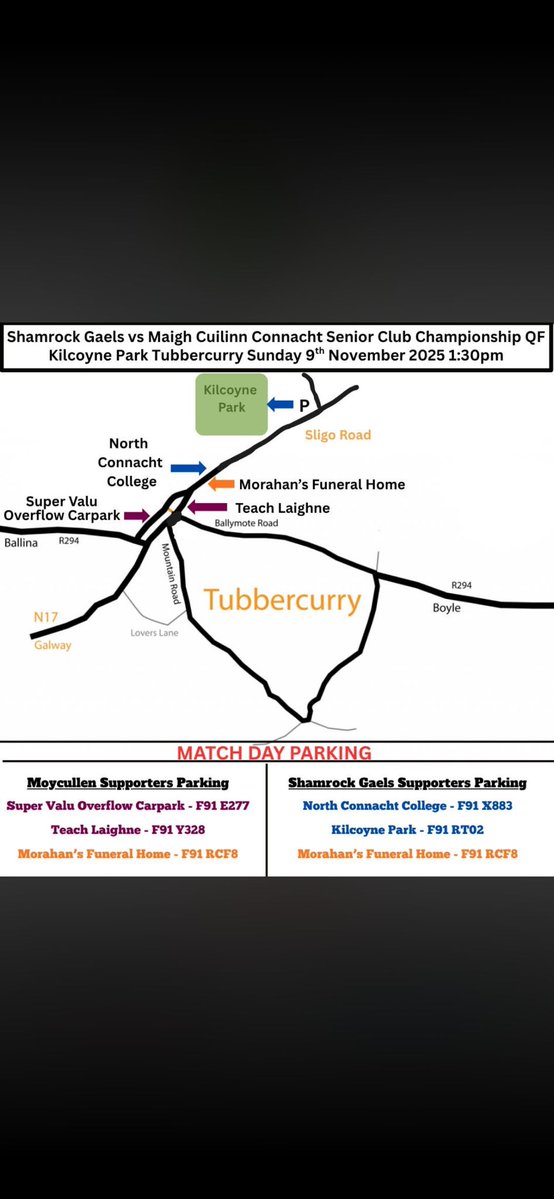 sligogaa's tweet photo. A large crowd is expected to be in attendance in 
@Tubbercurry_GAA this Sunday November 9th for the AIB Connacht Senior Club Championship Quarter Final. All supporters should pay attention to and utilise the parking locations highlighted on the map attached. https://t.co/JehWwTdFwQ