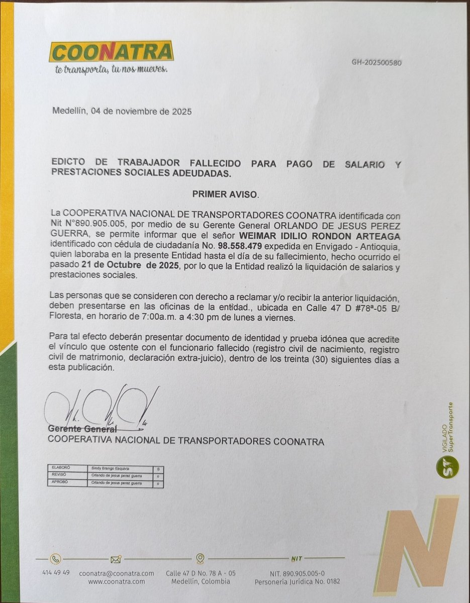 Primer aviso — Edicto sobre el pago de salarios y prestaciones sociales adeudadas a trabajador fallecido