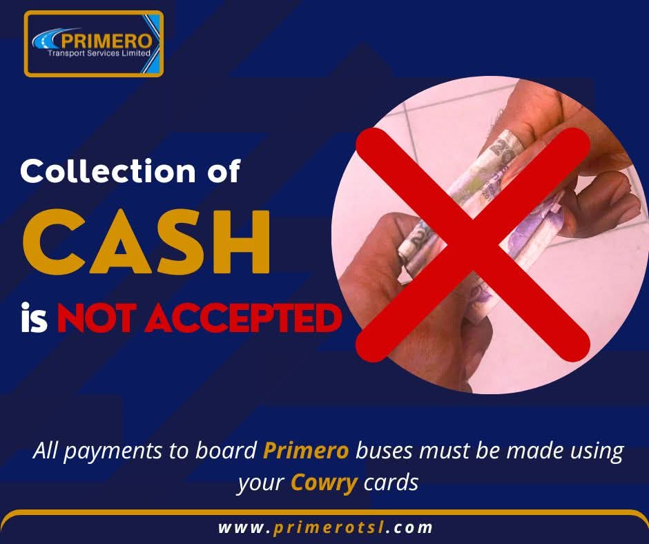 Primero Transport Services Limited does not condone cash collection for payment of fares. All payments to board Primero buses must be made using your Cowry cards.

#lagosbrt
#BRT
#brtfare
#lagostransportation
#Primerotsl