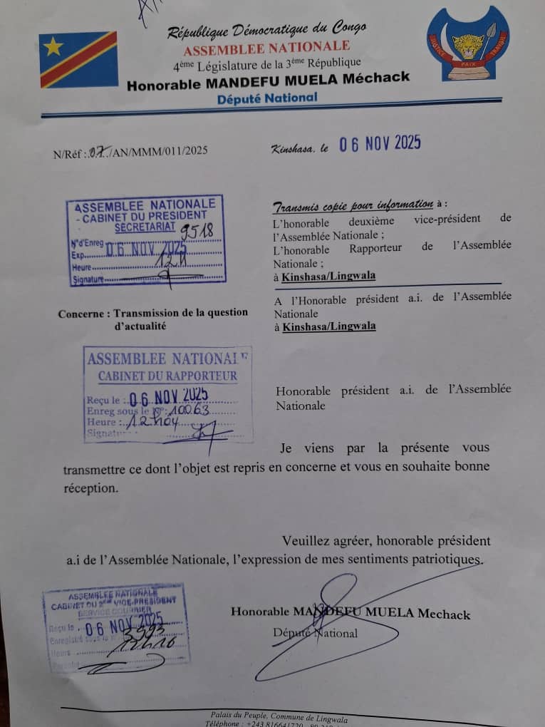 mandefu113's tweet image. #RDC_Assemblée Nationale 

Ce Jeudi 06 Nov.2025,

J’ai adressé une question d’actualité à Son Excellence le Vice-Premier Ministre, Ministre de l’Intérieur, au sujet de la mesure suspendant les motions et pétitions dans les Assemblées provinciales.

Cette démarche vise à obtenir…