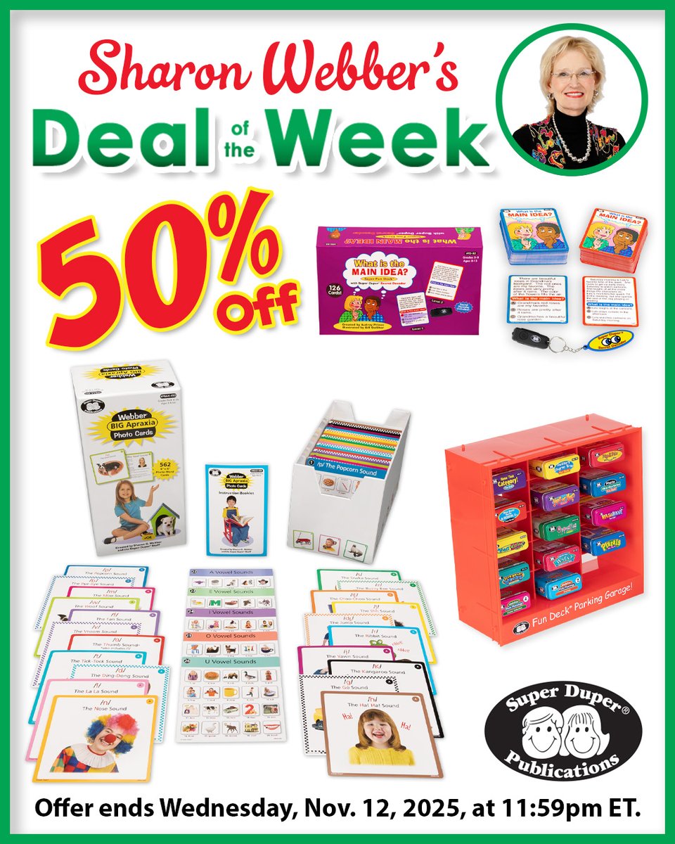 Score Webber Big Apraxia Photo Cards, What is the Main Idea, and the Fun Deck Parking Garage with Sharon Webber's Deal of the Week!  🛒Tap bt.sdpubs.com/3Iw93rk to shop now!

#SpeechTherapy #SLP