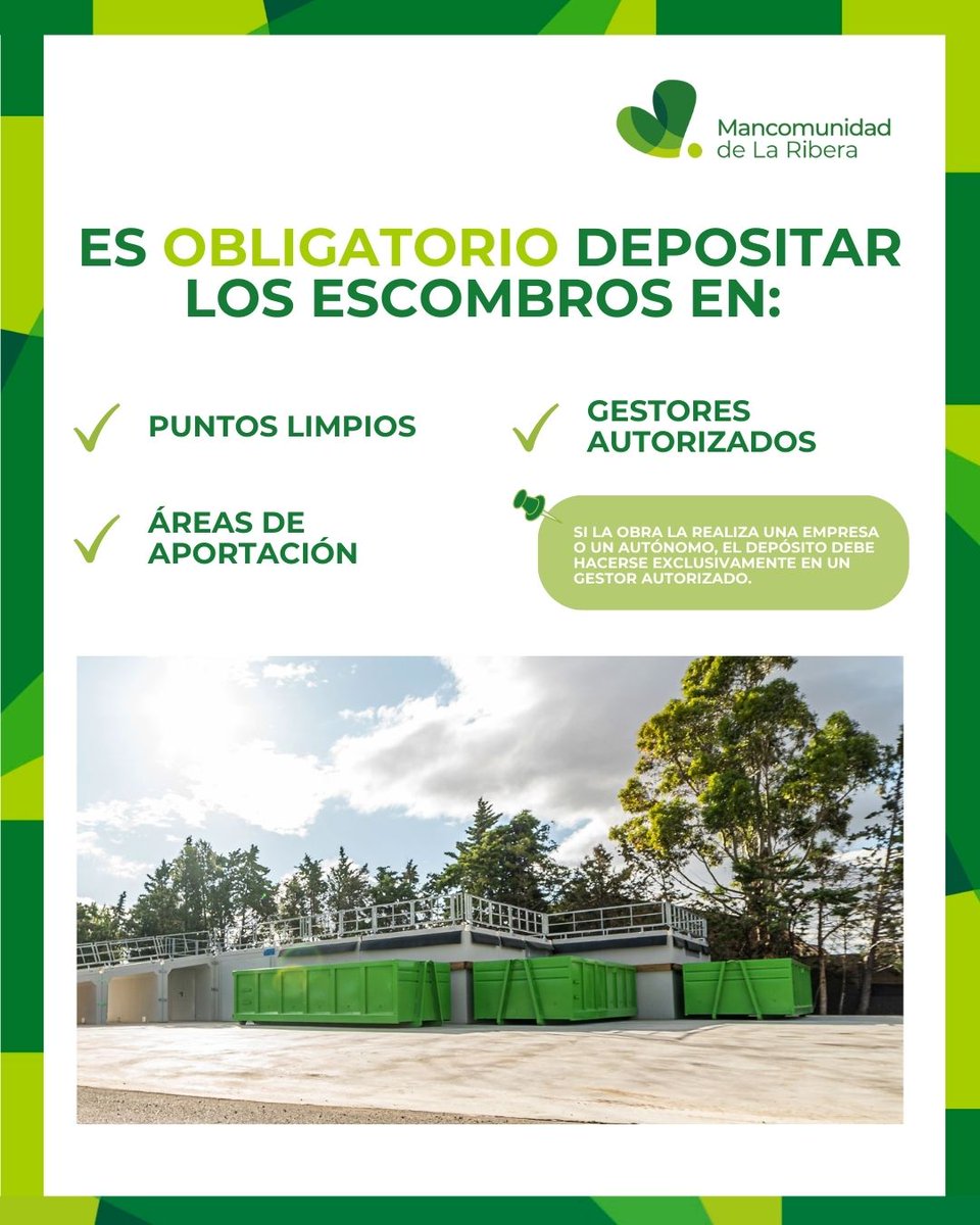 🧱🚫 ¡Los escombros no van al contenedor!

👉 Son residuos especiales que requieren una gestión adecuada. Llévalos al punto limpio

#NoAEscombrosEnLaCalle #MancomunidadLaRibera