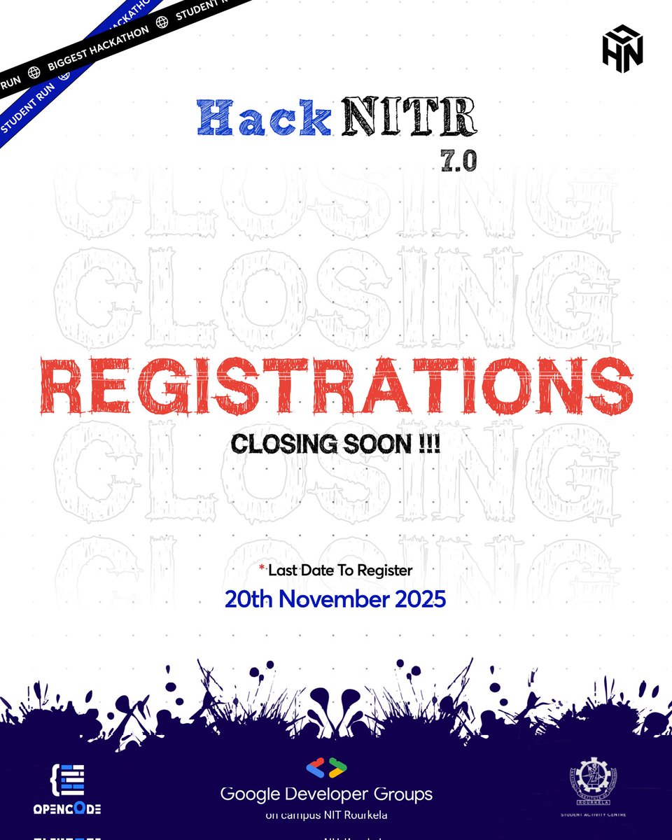 susantsharma56's tweet image. 🔥 FINAL CALL! 🚀 HackNITR 7.0 — Sketch. Code. Conquer.

💡 48 hrs of innovation, teamwork &amp;amp; limitless creation!

🗓️ Jan 11–17, 2026 | 📍 @ NIT Rourkela

🏆 $5,100+ prizes | 100% FREE

👀 Ready to build the future?
🔗 hacknitr7.devfolio.co/?ref=ef63de09b3

#HackNITR7 #Hackathon