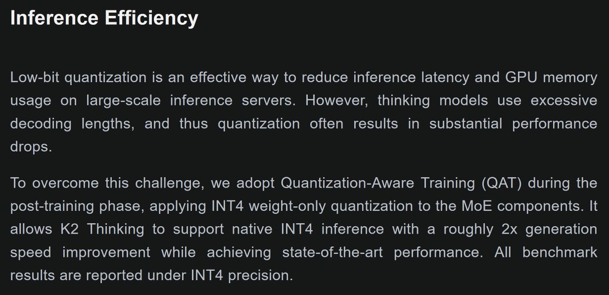 Most interesting bit of the new K2 Thinking release to me is that the experts (except the shared expert) are quantized to INT4
