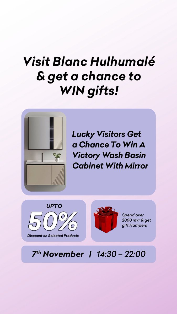 ބްލަންކް ހުޅުމާލެ އަށް ޒިޔާރަތްކުރައްވައިގެން ވިކްޓްރީ މޫނު ދޮންނަ ކެބިނެޓެއް  ލިބުމުގެ ފުރުޞަތު
2000 ރުފިޔާއަށް ވުރެ މަތިން ވިޔަފާރި ކުރައްވާ ކަސްޓަމަރުންނަށް ޚާއްޞަ ގިފްޓް ހެމްޕަރ
މިފުރުޞަތު ގެއްލުވާނުލައްވާ! 
#faadufaadugehardware #Veligaa #blanc