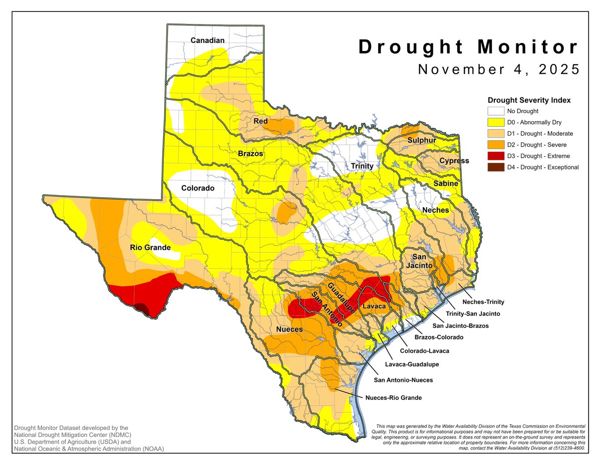 For the first time in seven weeks, the total area impacted by drought decreased with conditions improving in Central, North, and East Texas.  The latest map is available at loom.ly/lWQ5kkM. #TXWater #TXDrought