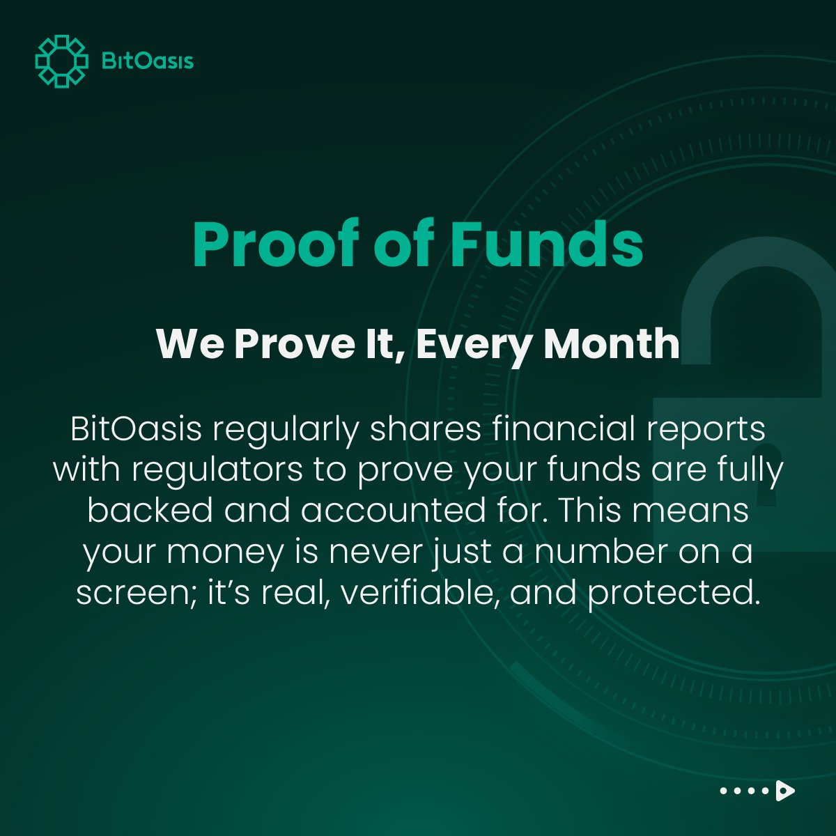 bitoasis's tweet image. Your crypto isn’t just held, it’s protected every step of the way. 🛡️
Swipe through to see how we protect your assets →

At BitOasis your funds are:
✔️ Fully backed and verified
✔️ Kept separate from company funds
✔️ Covered by multiple insurance policies

#CryptoSecurity