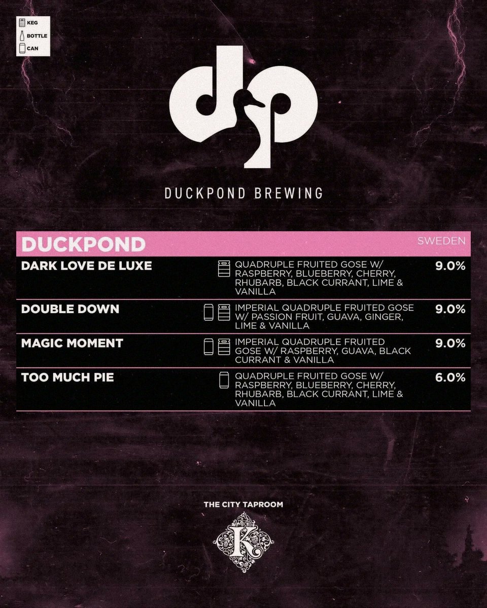💜Dark &amp; Wild is here💜

We’ve got 3 cans and 3 draught Fruited Goses from Duck Pond Brewery 🇸🇪🦆

✨On draught: Dark Love, Double Down &amp; Magic Moment
🫐In cans: Double Down, Magic Moment &amp; Too Much Pie

Perfect for anyone who enjoys something a little fruity and a little wild.