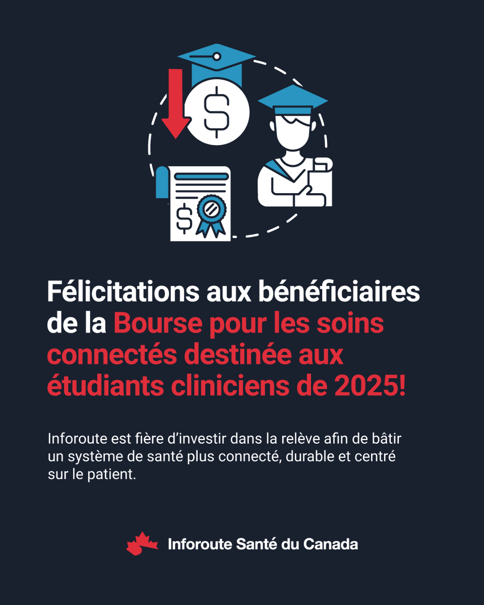 Bravo aux bénéficiaires de 2025 de la Bourse pour les soins connectés destinée aux étudiants cliniciens! Ces futurs leaders cliniques continuent à façonner l'avenir de la santé numérique au Canada. bit.ly/4952rvx