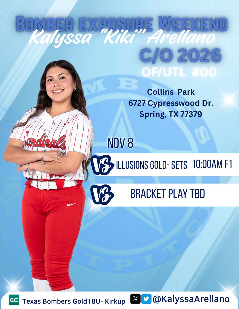 KalyssaArellano's tweet photo. Ready to compete and show out this weekend at Bomber Exposure! 💪🔥

Locked in, leveling up, and leaving it all on the dirt.
📍Collins Park — Spring, TX
#00 | OF/UTL | C/O ’26
@BombersKirkup 

@CruSoftball
@AggieSoftball
@ACU_Softball
@TAMUIAthletics
@NTCC_Softball
@Tamut_Softball
@TamusASoftball
@TamusK_B
@IslandersSB
@WTamuSoftball
@TheCoachColwell 
@coachjaz__ 
@CoachBiancaG 
@CoachAubree 
@CoachKoon
@CaseyJackson717
@Toppreps
@sportsxfilm
@ncsn2023
@LL7NV
@TagupSoftball