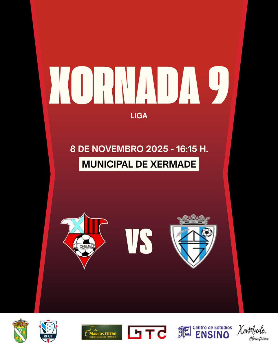 🔴 Xornada 9 ⚫️

⚽️  CD Xermade - CD Goiriz
📆 Sábado 8 de novembro
⏰ 16:15 h.
📍 Municipal de Xermade

#Xermade2526 ❤️🖤