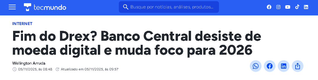 x34Excanearcpl's tweet photo. "Em uma reunião realizada nesta terça-feira (4), o Banco Central (BC) informou aos participantes do Drex, a versão digital do real, que a infraestrutura tecnológica baseada em blockchain será desativada." https://t.co/yKBzJY1POD