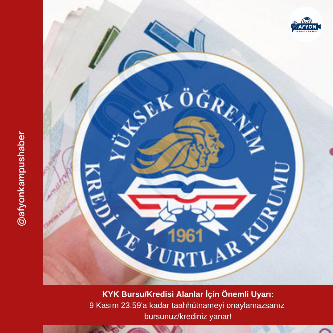 ❗️KYK Bursu/Kredisi Alanlar İçin Önemli Uyarı:

9 Kasım 23.59'a kadar taahhütnameyi onaylamazsanız bursunuz/krediniz yanar!

#KYK #Burs #Kredi #Öğrenci #Üniversite