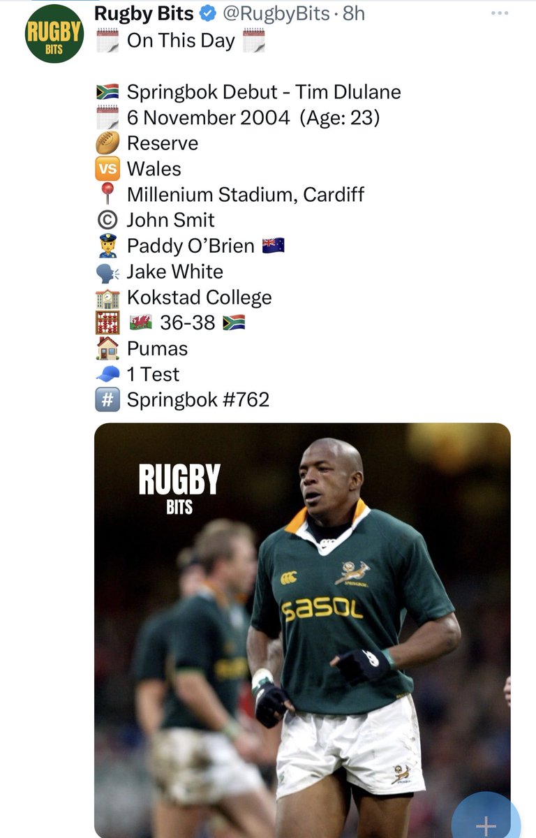 Thank you <a href="/RugbyBits/">Rugby Bits</a>, Wearing the Springbok jersey as a Black South African 22 years ago was more than just about the game it was about the journey of a nation. It symbolised progress, transformation, where  each individual has a role to play in nation building. Grateful.
