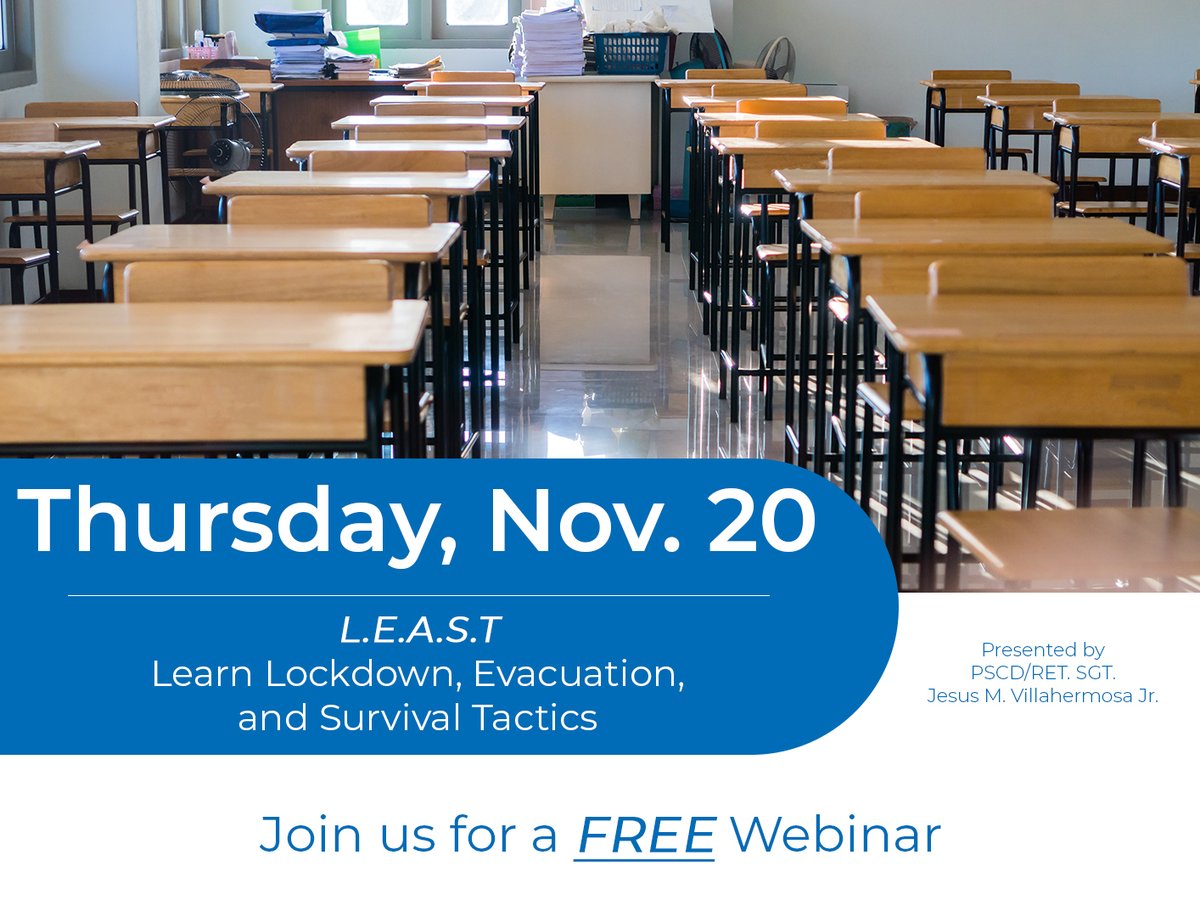 Webinars are back! 📚
Discover 9 life-saving tactics with Jesus M. Villahermosa Jr. to increase survival during active threats.
📆 Nov 20
⏰ 11am - 1pm ET

➡️ Register today at hubs.ly/Q03RBC5B0

#atlasied #soundslikesuccess #schoolsafety #masscommunication #webinar