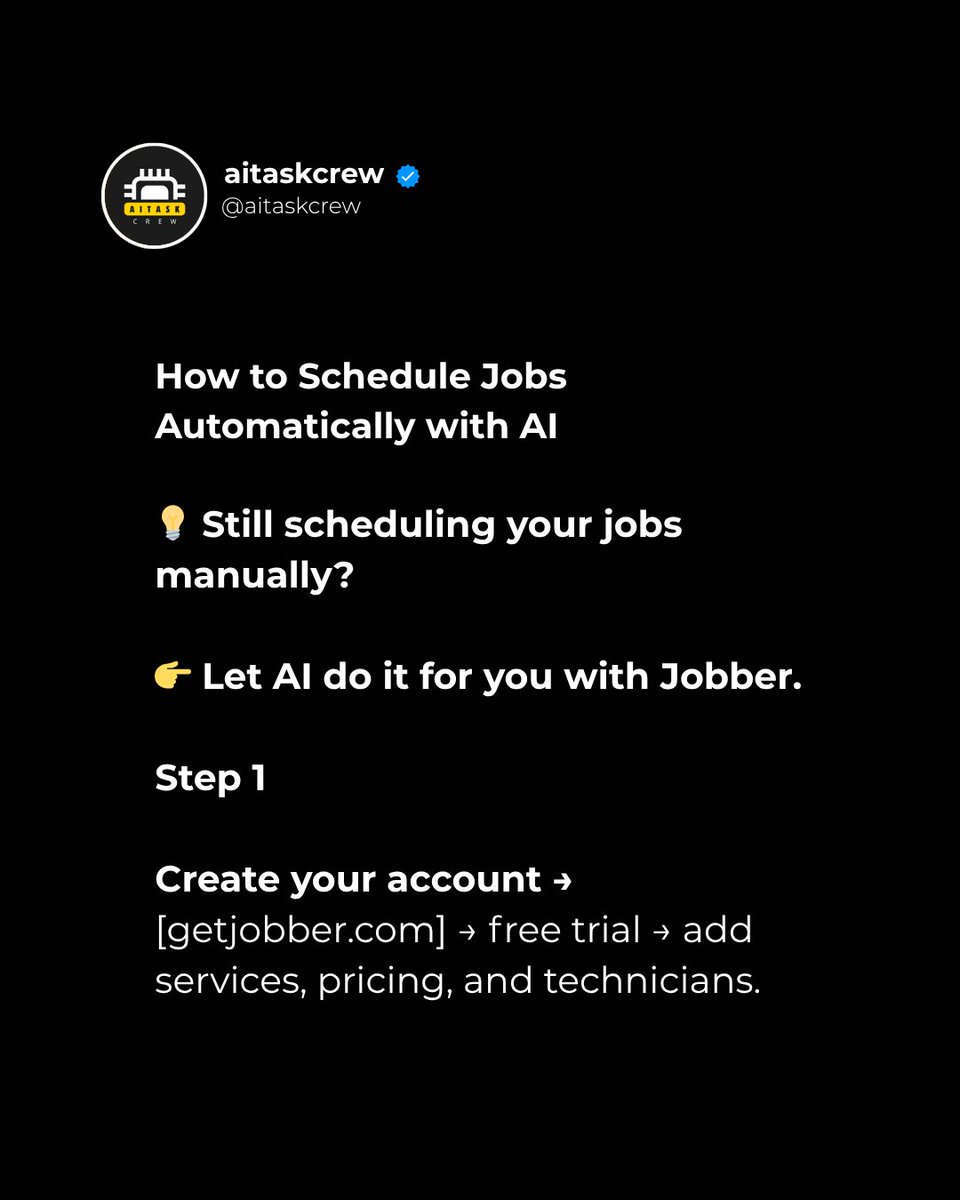 aitaskcrew's tweet image. Every minute you spend adjusting schedules or coordinating technicians is lost time that you could be investing in growth.

#AIforBusiness #JobberAI #OperationalAutomation #BusinessProductivity #ServiceCompanies #TeamManagement #EfficiencyWithAI #AITaskCrew