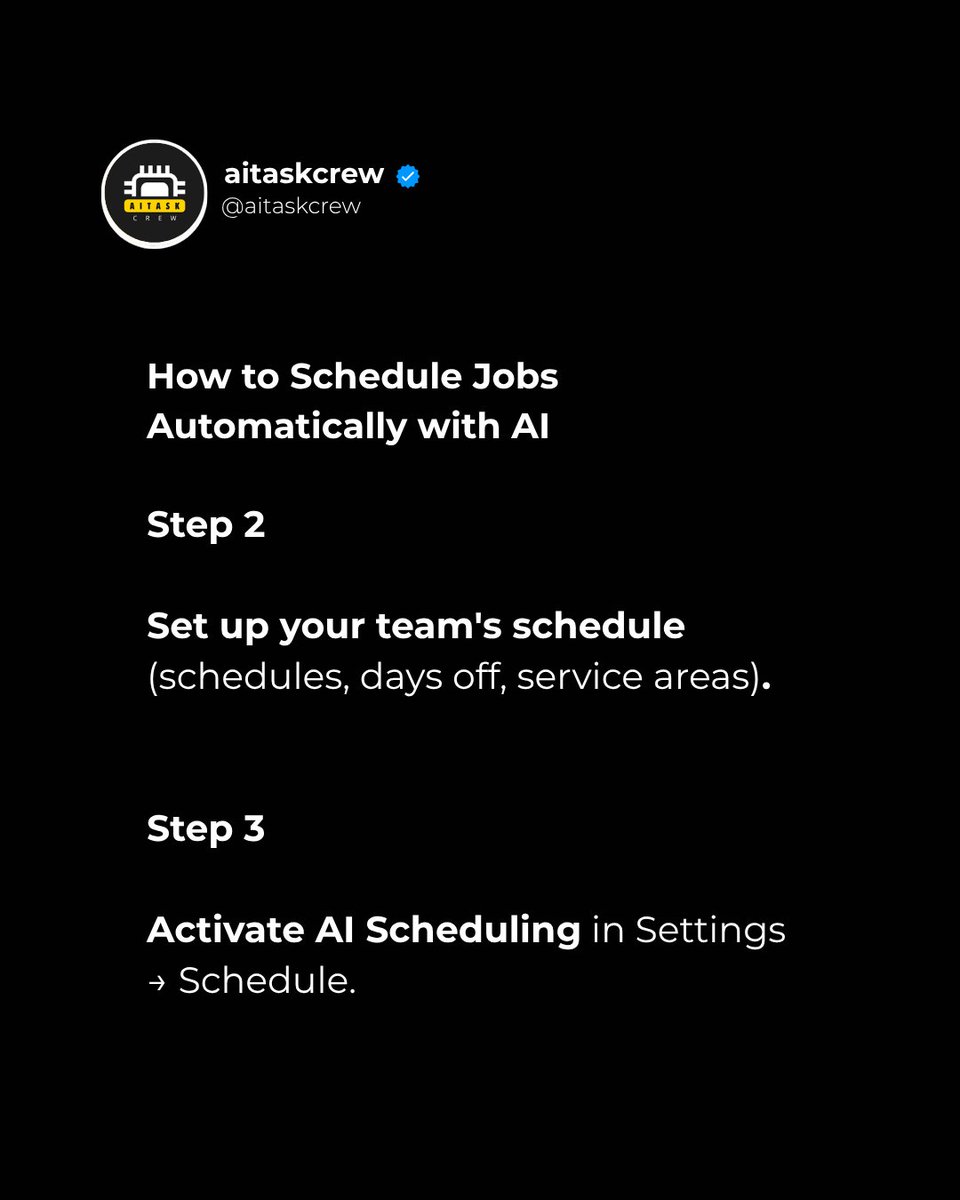 aitaskcrew's tweet image. Every minute you spend adjusting schedules or coordinating technicians is lost time that you could be investing in growth.

#AIforBusiness #JobberAI #OperationalAutomation #BusinessProductivity #ServiceCompanies #TeamManagement #EfficiencyWithAI #AITaskCrew