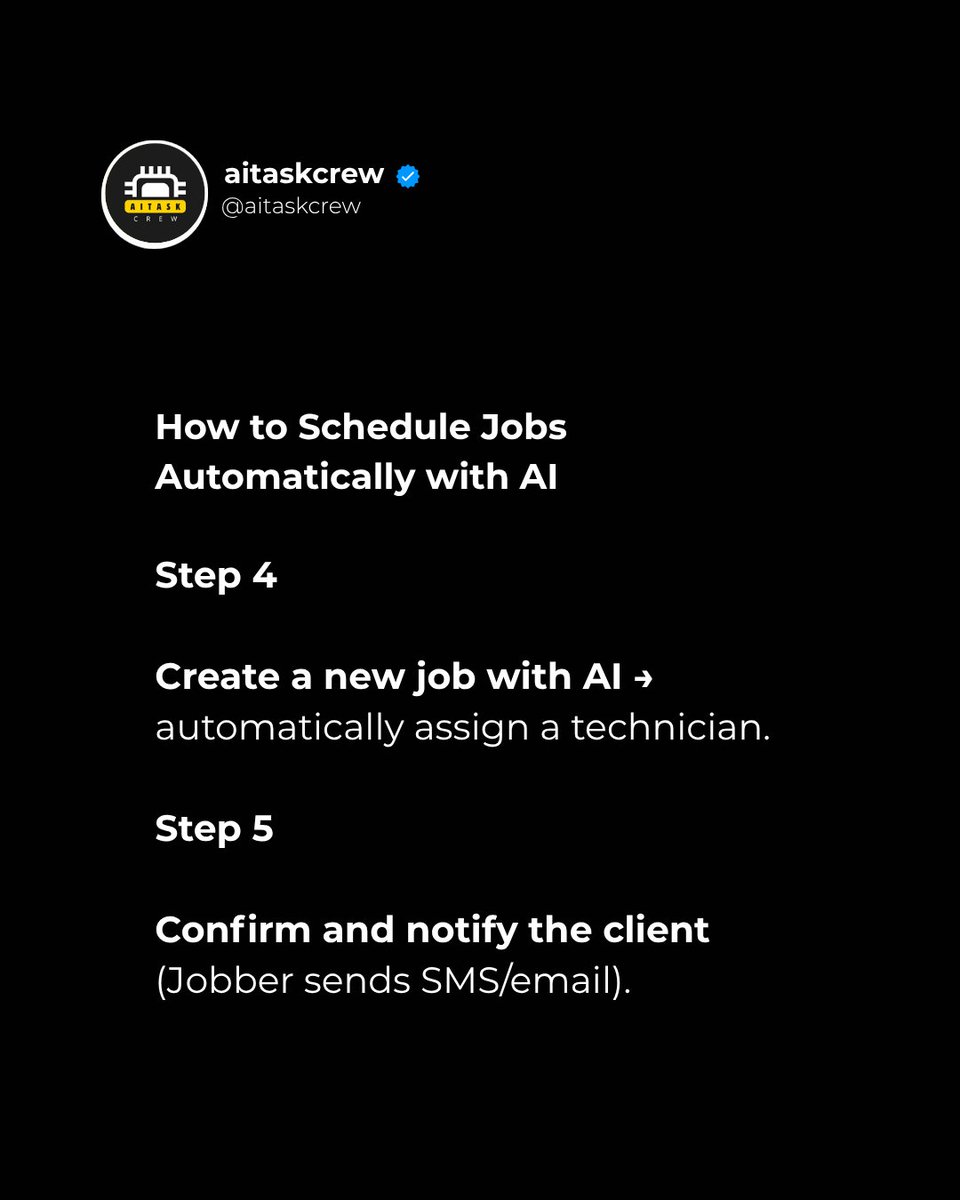 aitaskcrew's tweet image. Every minute you spend adjusting schedules or coordinating technicians is lost time that you could be investing in growth.

#AIforBusiness #JobberAI #OperationalAutomation #BusinessProductivity #ServiceCompanies #TeamManagement #EfficiencyWithAI #AITaskCrew