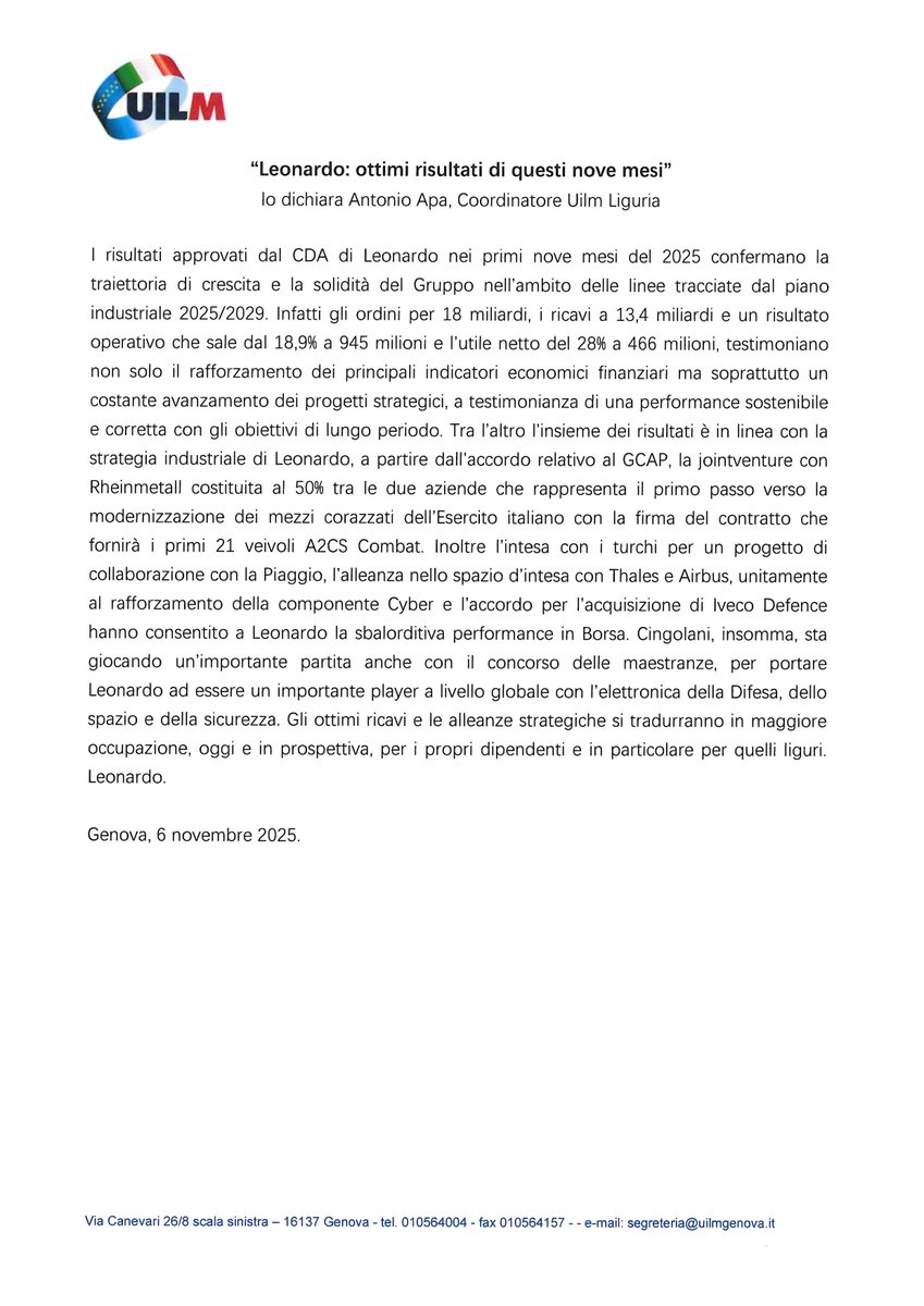 “Leonardo: ottimi risultati di questi nove mesi” - dichiarazione di Antonio Apa