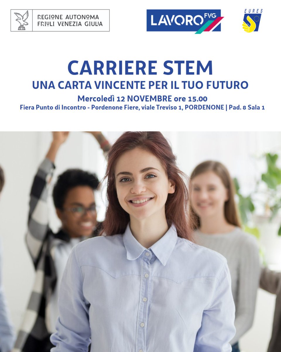 Evento di #RegioneFVG alla fiera Punto di Incontro a #Pordenone per far conoscere ai giovani le carriere in ambito #STEM ((#Scienza, #Tecnologia, #Ingegneria e #Matematica) con interventi e testimonianza di di ricercatrici e studentesse👉tinyurl.com/h94ufwzp #giovaniFVG