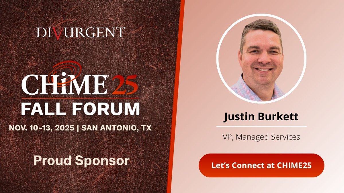 DIVURGENT's tweet photo. Justin Burkett and the Divurgent team are heading to #CHIME25! Schedule a meeting at https://t.co/SUPrQGOXVc or join us for the Divurgent-sponsored welcome reception!

#DigitalHealthOutlaws #CHIME25 #FallForum https://t.co/26A36F8EEN