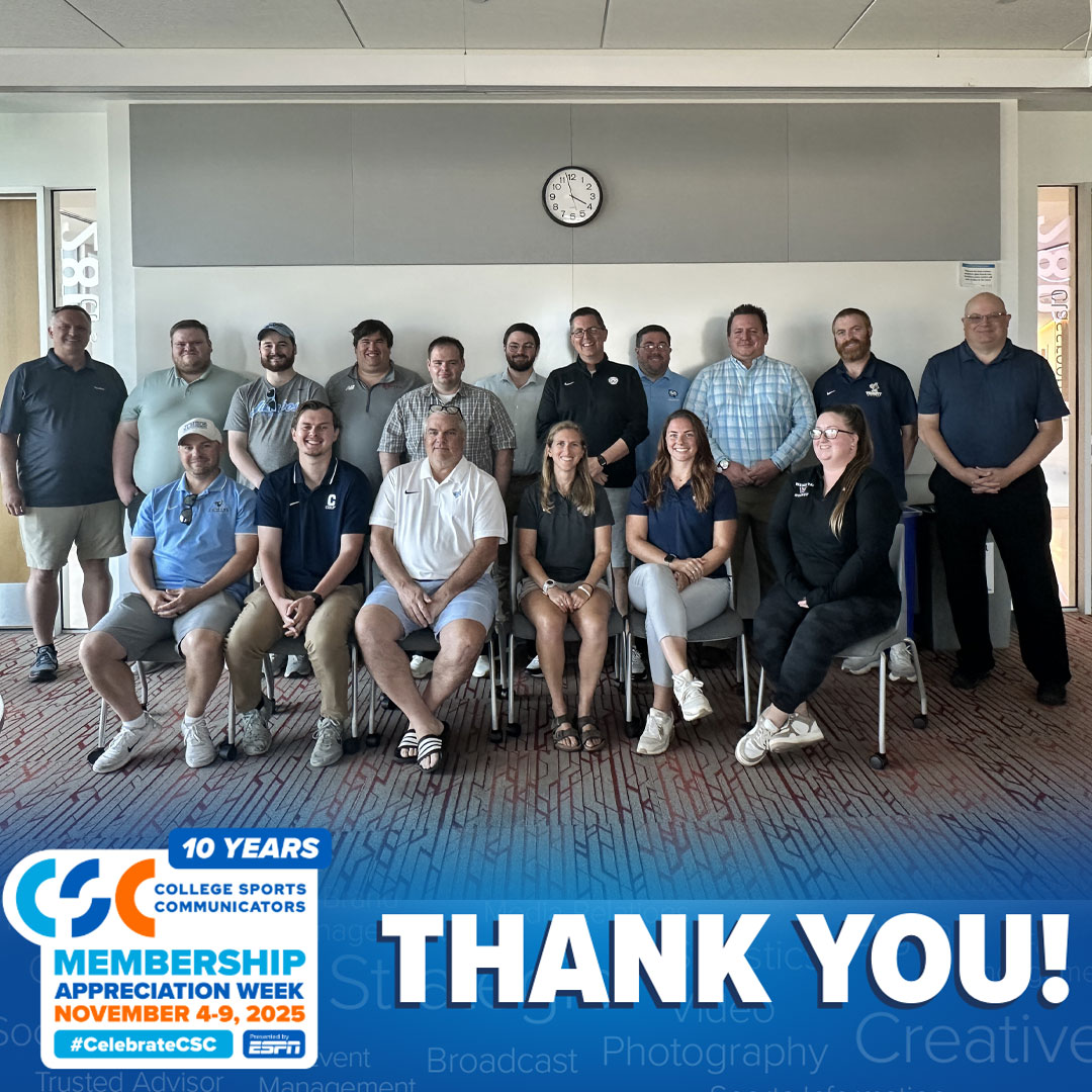 NESCAC's tweet image. #CelebrateCSC week

The NESCAC is fortunate to have this group of athletic communications professionals producing content across social media, websites, and webstreams to celebrate their student-athletes, coaches, and staff for their 30+ teams all season long!