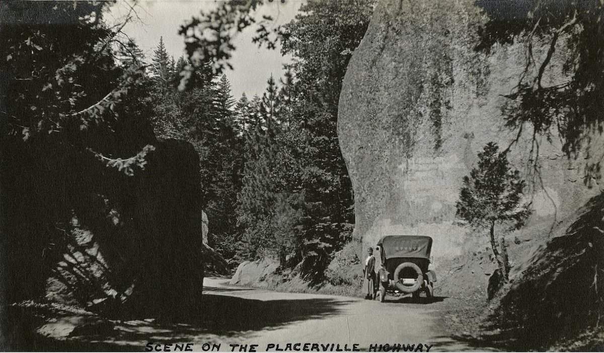 pitsenberger's tweet image. This is a section of the oldest state road in California, the Placerville-Lake Tahoe Wagon Road, and later the  Lincoln Highway (1913-1927). Known as Split Rock, it used to have advertisements printed on it for passing travelers to notice. You can see the ads just above the…