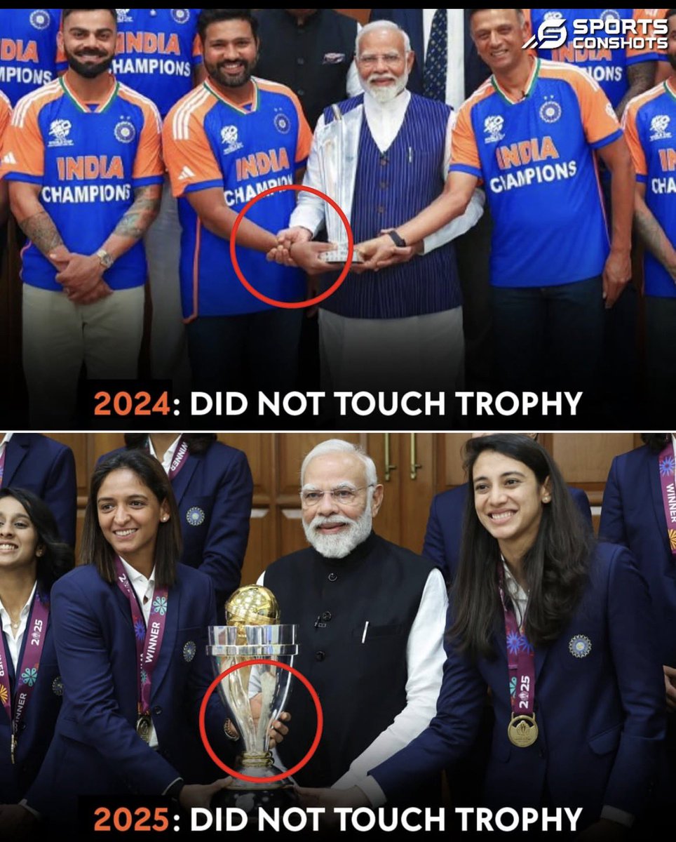 PM Modi’s timeless respect: Hands off the trophies, hearts full of pride! Honoring the ‘24 T20 heroes and ‘25 women’s World Cup queens with the same grace. 

#TeamIndiaUnbeaten #WomensCricket #T20Champions #ProudlyIndian