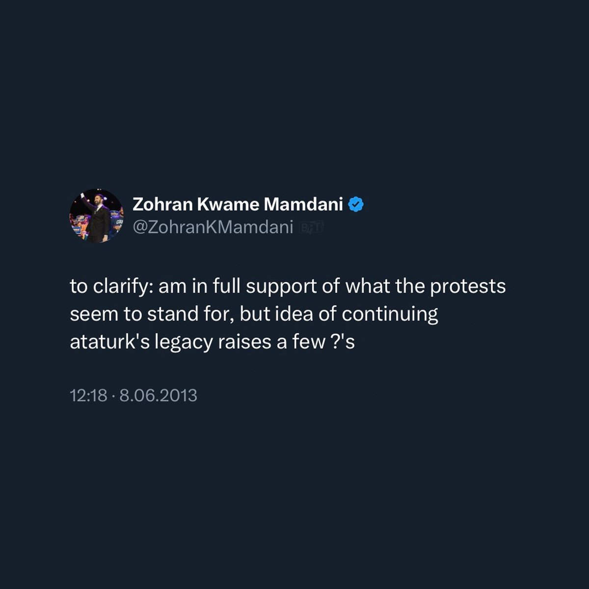 bpthaber's tweet image. New York&apos;un ilk Müslüman belediye başkanı Zohran Mamdani&apos;nin 2013 yılında yaptığı paylaşım:

&quot;Protestoların amacını tamamen destekliyorum, ama Atatürk&apos;ün mirasını sürdürme fikri kafamda soru işareti uyandırıyor.&quot;