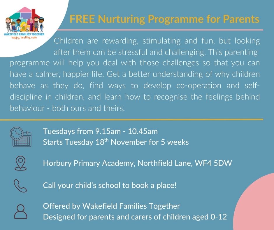 Parents and carers - you're invited to join a free programme offered by Wakefield Families Together. This tried and tested 5-week course will help you understand and overcome some of the challenges that come with looking after children. Call your child's school to book a place.