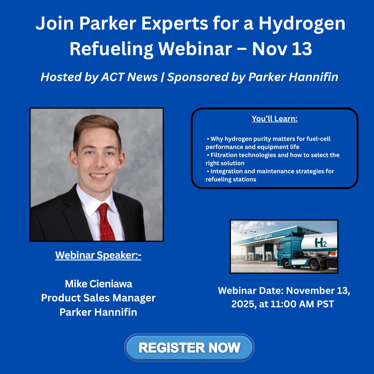 FC_Corridor's tweet photo. Ensuring Purity for Safe, Reliable Hydrogen Refueling

Join @ParkerHannifin  experts for a webinar on hydrogen filtration, key to fuel-cell performance &amp; station reliability.

📅 Nov 13, 2025 | 11 AM PST

🔗 Register: https://t.co/J3TgFj9bMh

#Hydrogen #FuelCells #CleanEnergy https://t.co/eFHBa1v0K6