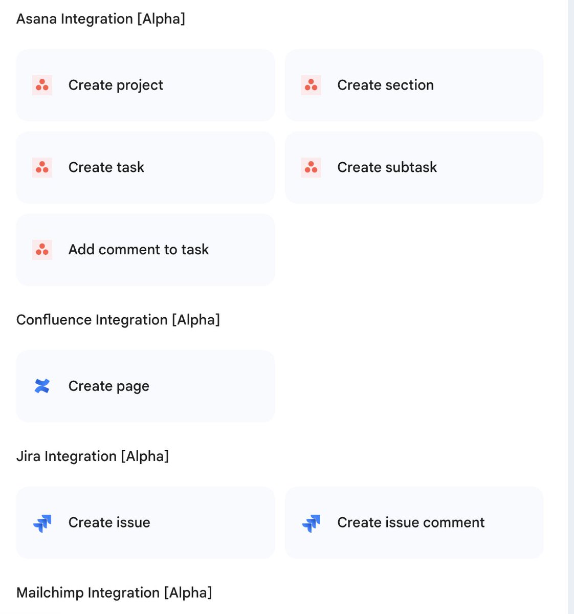 yugen_matuni's tweet image. GoogleのWorkFlowsですが、シンプルなフローを量産する方向が良さそう。

「Aの時に、Bであれば、Cを行う」

くらいの処理はガンガン任せられそう。

Gmail、Dirve、スプシ、Asana、Salesfoece、Conful、Jiraに連携可能で、タスクスケジュールやトリガーも可能。

これはめっちゃお手軽便利だな。