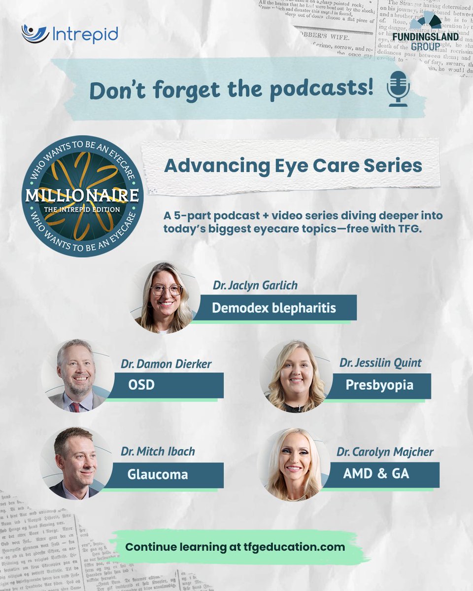 Don’t stop the fun after Who Wants to be an Eyecare Millionaire! 🎉

🎧 Keep it going with the Advancing Eye Care podcast — a 5-part series diving into:
👁️ Presbyopia
🧠 Glaucoma
💧 Eyelid margin issues
🌅 Dry AMD &amp; GA
✨ Ocular surface management

👉 tfgedu.com/iqc9