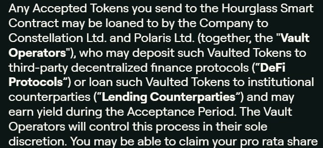 DeFiyst's tweet photo. So to be clear the @stable phase 2 pre-deposit campaign currently has:

-API key exposed on @hourglasshq's frontend, so the ToS signature required before sale is not working 
-Depositing via Etherscan makes you ineligible, yet you can't go via frontend without signature so people defaulted to Etherscan and some accidentally deposited directly into contract = $2.34m in losses thus far (h/t @yieldsandmore)
-People depositing >$100k/wallet despite supposed maximum to allow retail in
-Vault operators can loan proceeds to "institutional" counterparties (?)

This is all after the fiasco of phase 1 being instantly filled by insiders, with a different receipt token (and presumably diluting this pre-deposit phase, assuming calculated on a pro-rata basis).

Urging caution.