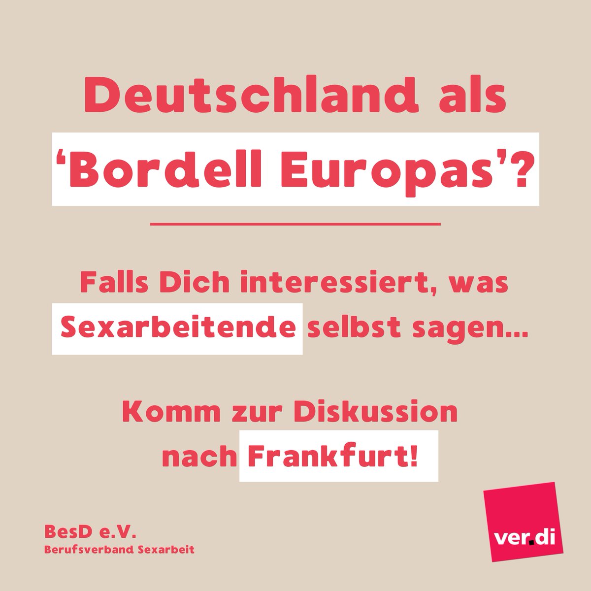 Deutschland als ‘Bordell Europas’? 🤯 
Zeit, dass Sexarbeitende selbst sprechen. 

💥 Wir hätten nie gedacht, dass sich Bundestagspräsidentin Julia Klöckner so klar – und so schädlich – positioniert. 

Passend zum Thema findet am ~
#sexkaufverbot #bordelleuropas