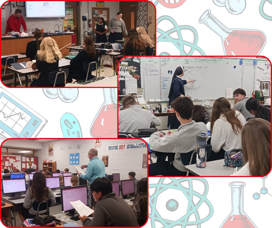 It's a busy day in TC classrooms! Sr. Mary Jane Frances's class is learning about the nucleus of a cell, Mr. Strecker's class is finalizing a report, and Mr. Schrock's class is giving presentations about their mousetrap cars. What an exciting day!