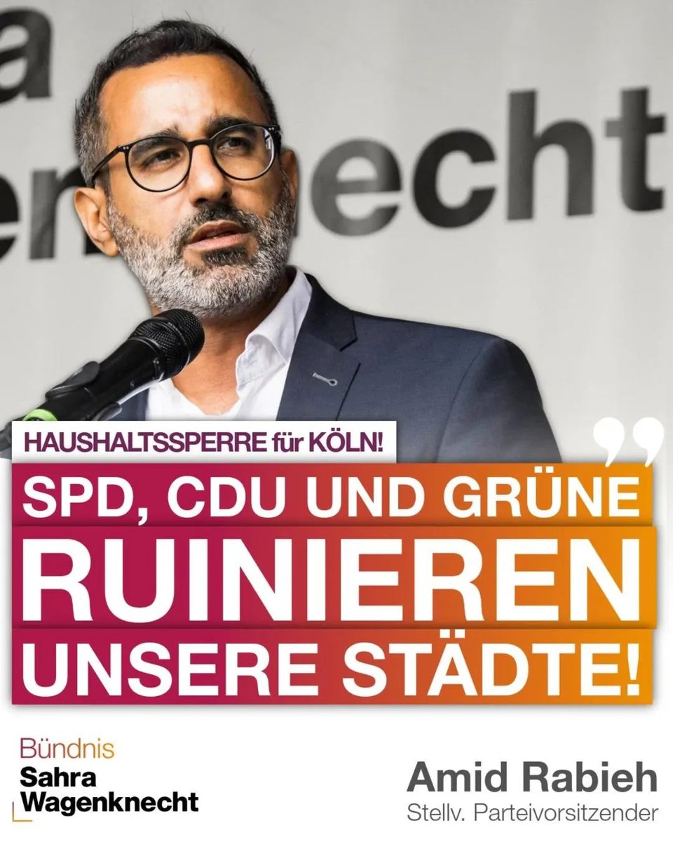 AmidRabieh's tweet image. 💥 Haushaltssperre in Köln: #SPD, #CDU &amp;amp; #Grüne ruinieren unsere Städte!

#Köln steht still - kein Geld für Bildung, Soziales, Infrastruktur.
Während Milliarden in Waffen fließen, fehlt’s vor Ort an allem.
👉 Wir fordern: Investitionen in Städte statt Aufrüstung
@Buendnis_SahraW