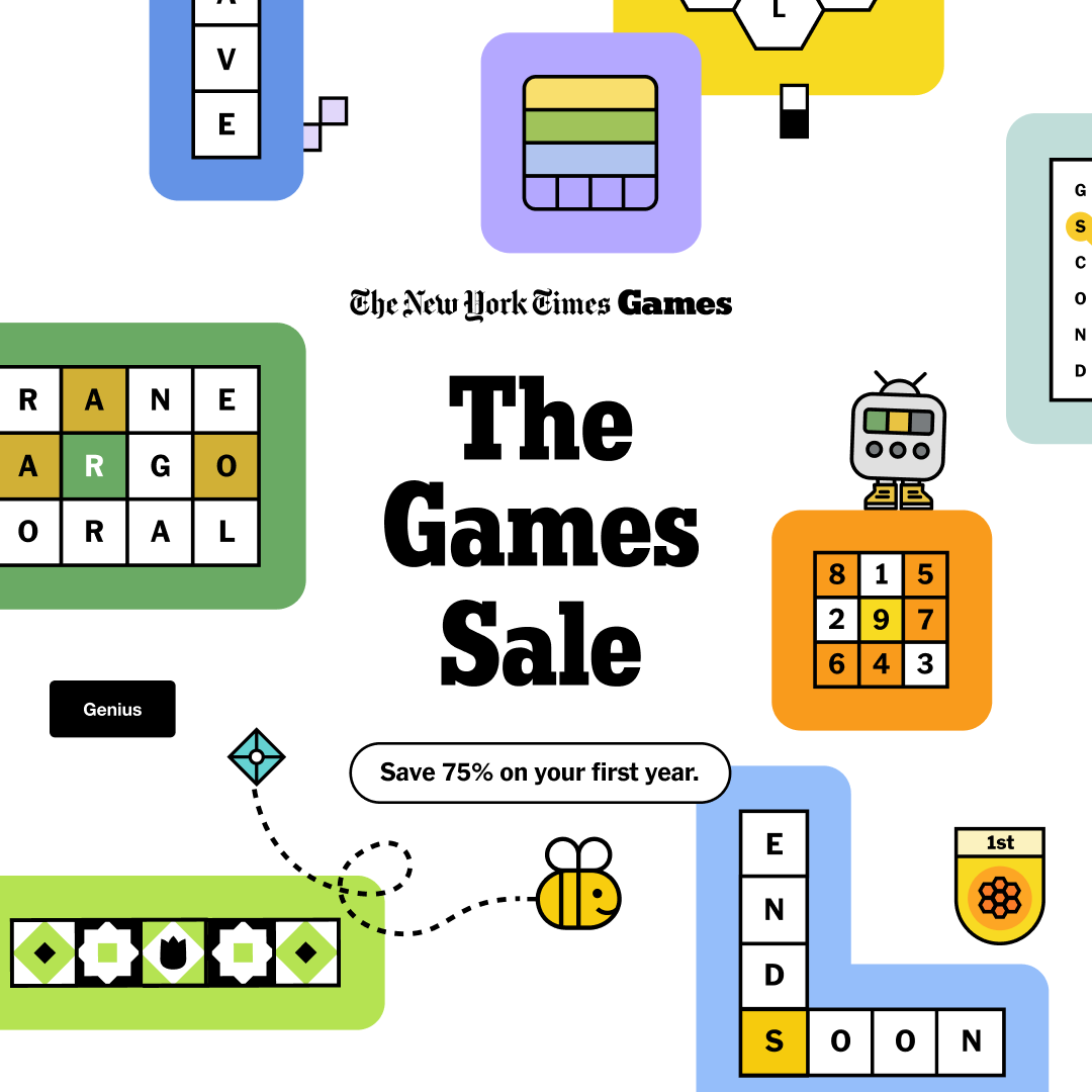 NYTGames's tweet photo. Our best offer won’t last. Save 75% on your first year of a New York Times Games subscription. Get full access to Wordle, Spelling Bee, Connections, the Crossword and more. https://t.co/s0oms2FJN4 https://t.co/clFjHSviPh