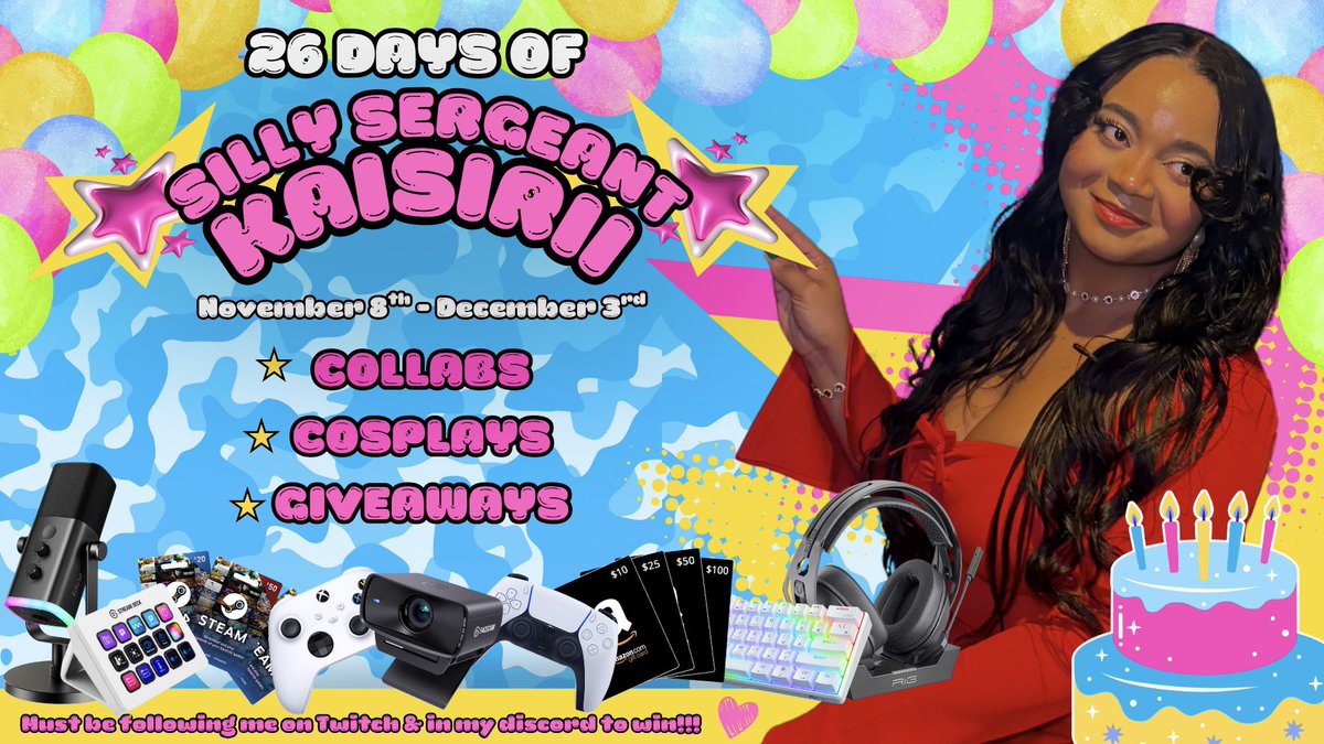 🥳🩵🩷IT’S A SILLY SAGITTARIUS CELEBRATION 🥳🩵🩷

In honor of my 26th birthday, I want to celebrate all our silly soldiers with 26 days of Silly Sergeant Kaisirii!! 🤩🩵🩷

🩵 Collabs, Cosplays &amp; Giveaways!! 

🤩 Must be following me on the purple app &amp; in my discord to win!!